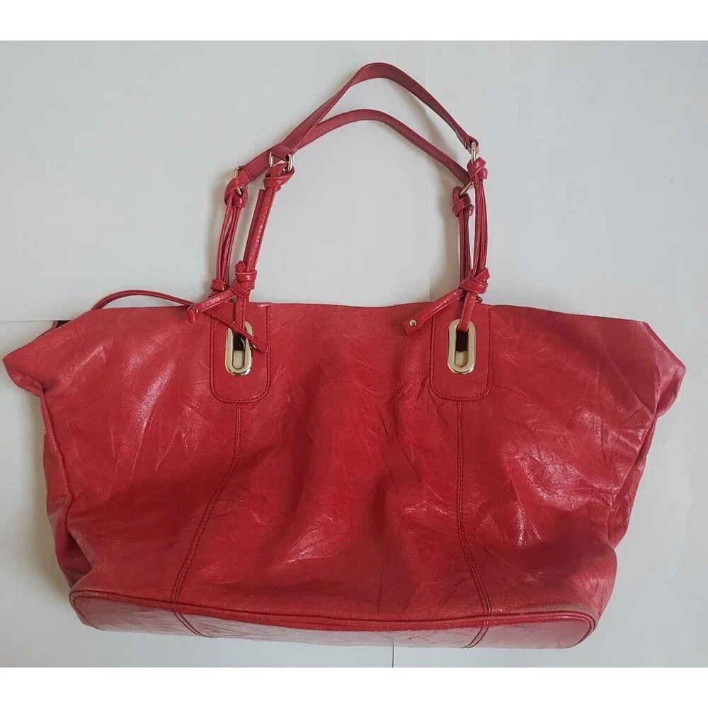 Vintage Shiny Red Leather Shoulder Bag W/ Removable Cloth Lining & Change Purse